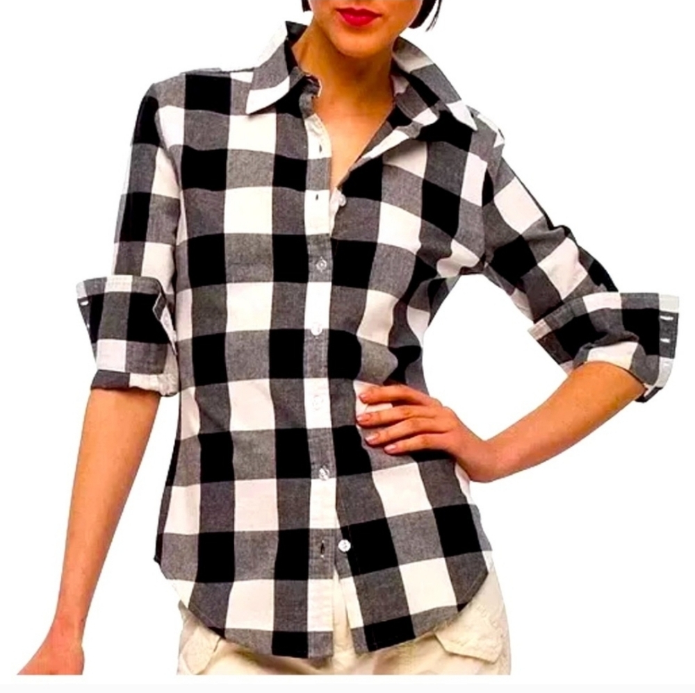 Norma Kamali 100% Cotton Black White Buffalo Plaid Long Sleeve Button-Up Size XL